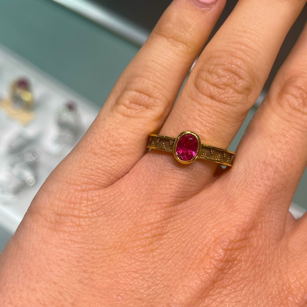 Michelle Krespi Granulated Pink Sapphire Ring Handmade Designer 18k Yellow Gold